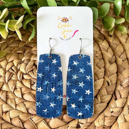 Denim Stars Bar Cork on Leather Earrings - LAST CHANCE