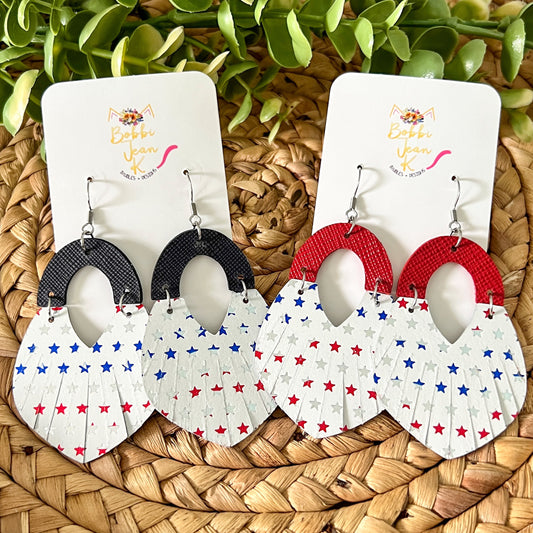 Metallic Stars Arch Fringe Leather Earrings: Choose From Navy or Red Arch