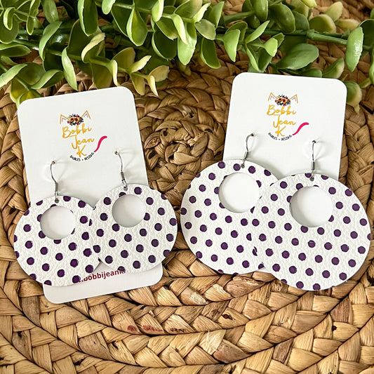 Purple Polka Dotted Embossed Hoop Leather Earrings: Choose From 2 Sizes - LAST CHANCE