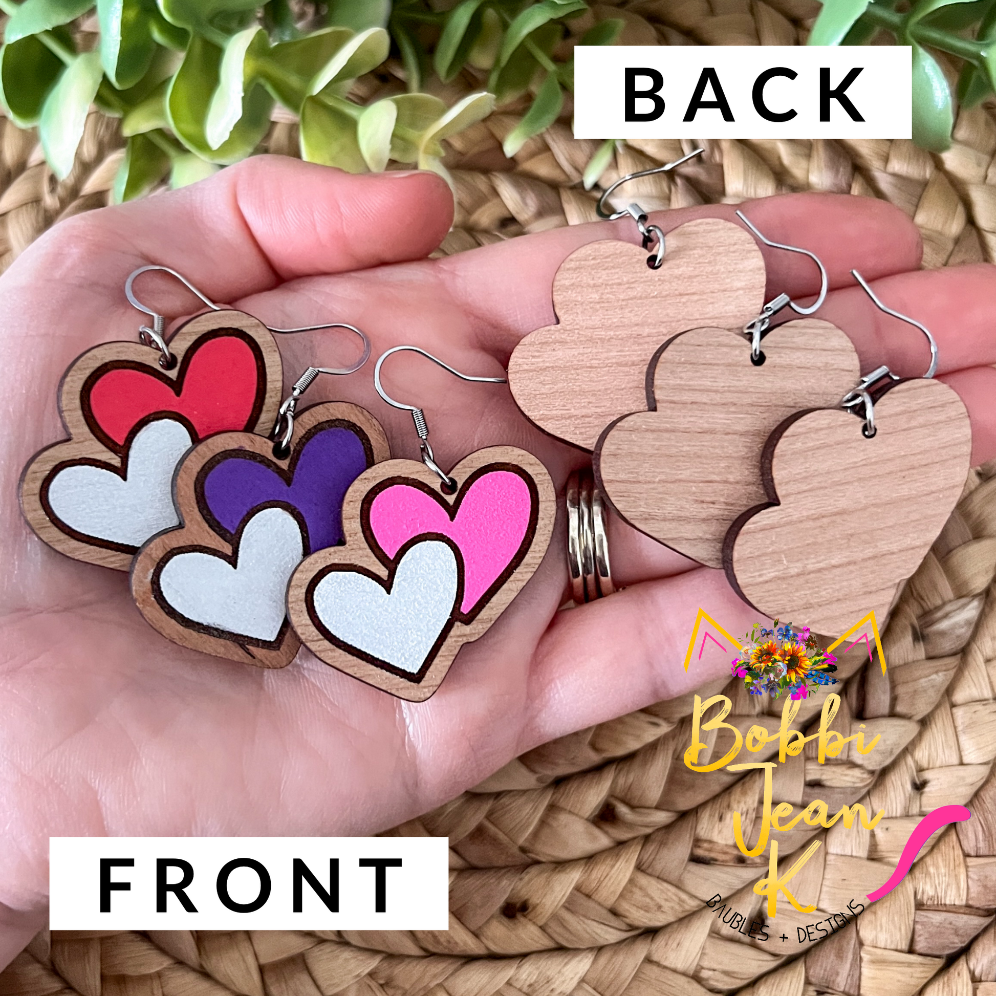 Hand Painted Double Heart Wood Earrings: Choose From 3 Colors