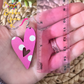Pink & White Polka Dot Heart Cutout Wood Earrings
