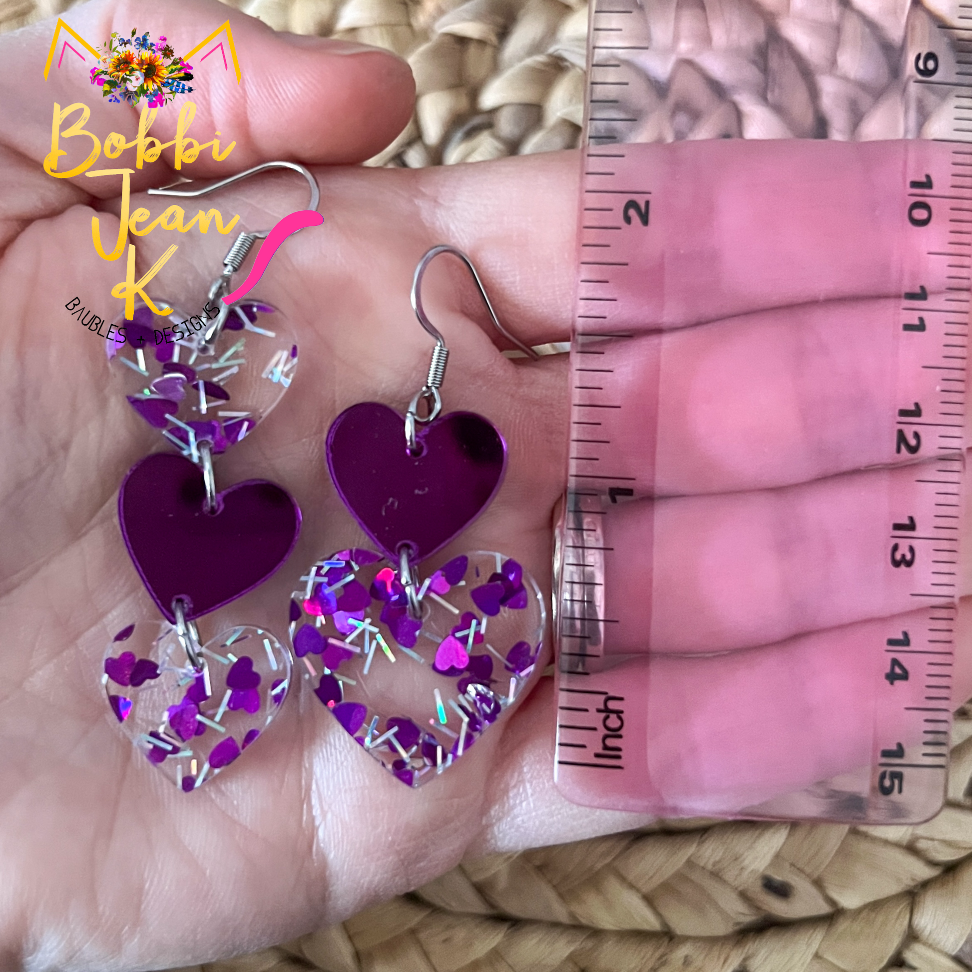 Purple Glittered & Mirrored Heart Acrylic Earrings: Choose From 2 Styles