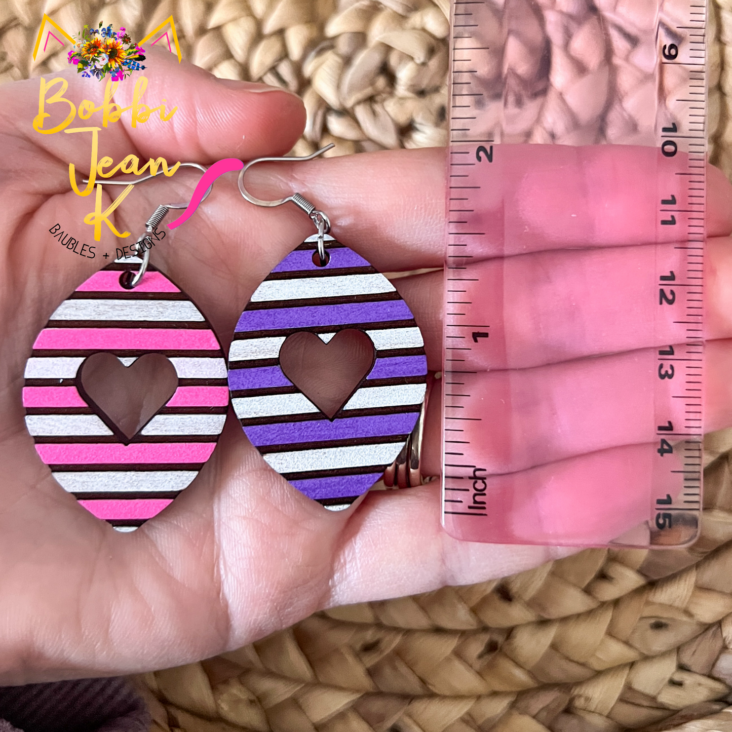 Stripes & Cutout Heart Hand Painted Wood Earrings: Choose From 2 Colors