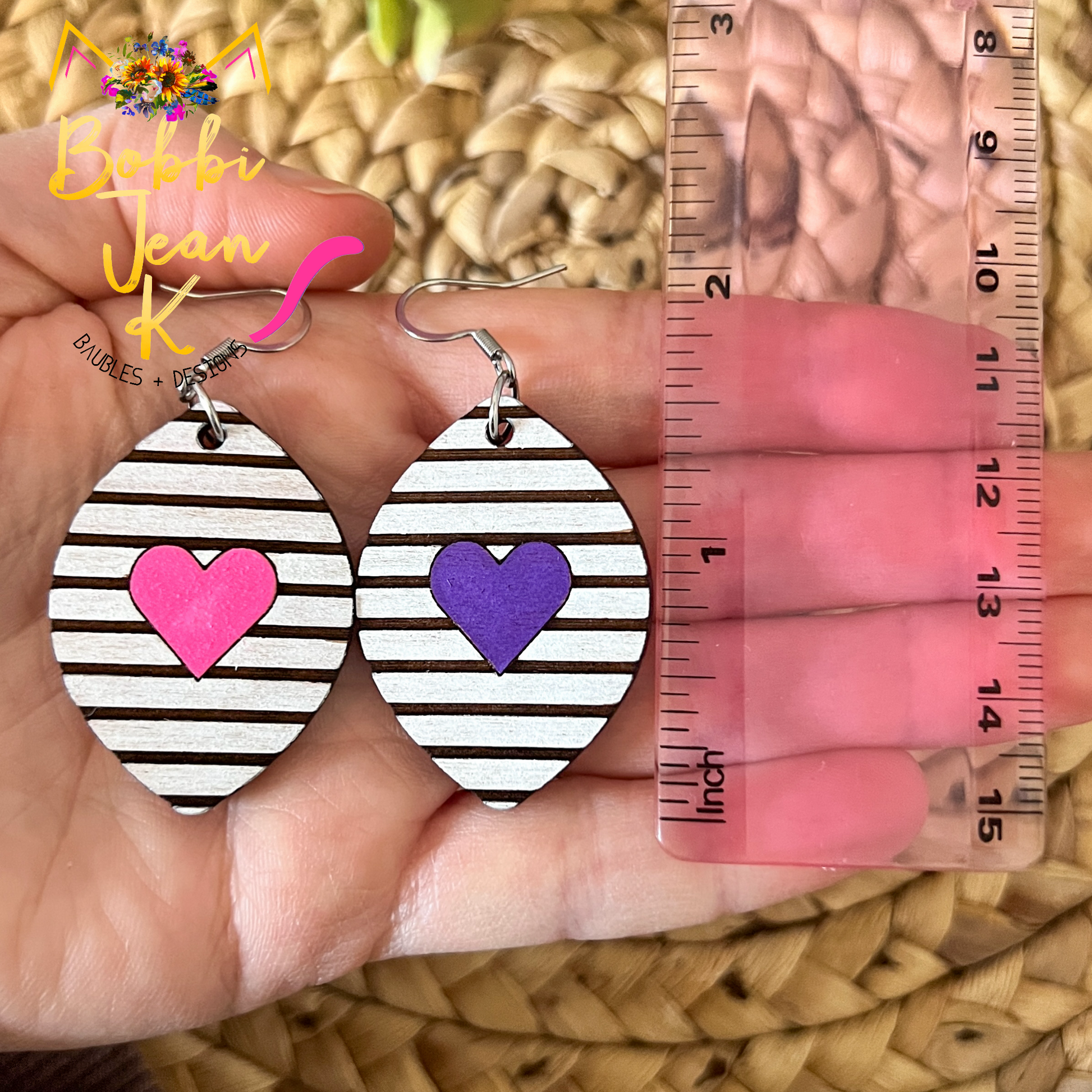 Stripes & Heart Hand Painted Wood Earrings: Choose From 2 Colors
