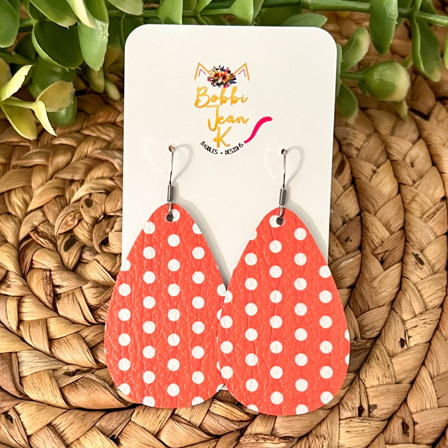 Burnt Orange/Red & White Polka Dotted Leather Earrings: Choose From 3 Styles - ONLY ONE OF EACH LEFT