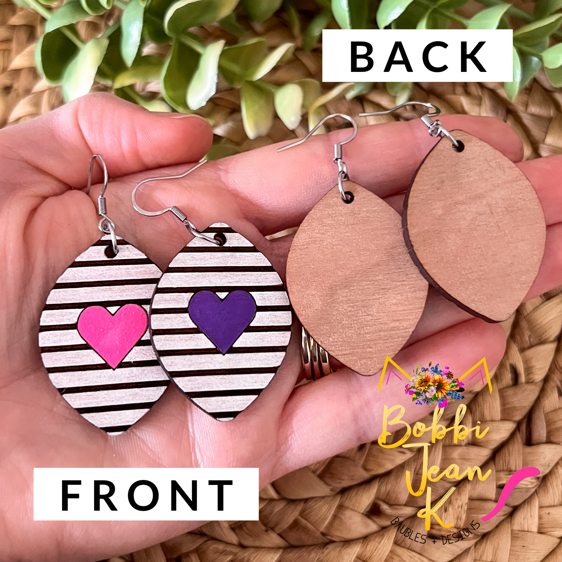Stripes & Heart Hand Painted Wood Earrings: Choose From 2 Colors