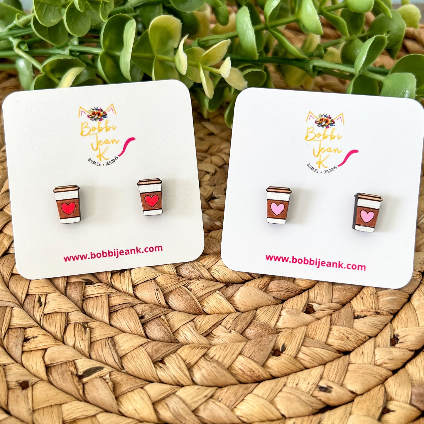 Hand Painted Heart Coffee Cup Wood Studs: Choose From 2 Colors
