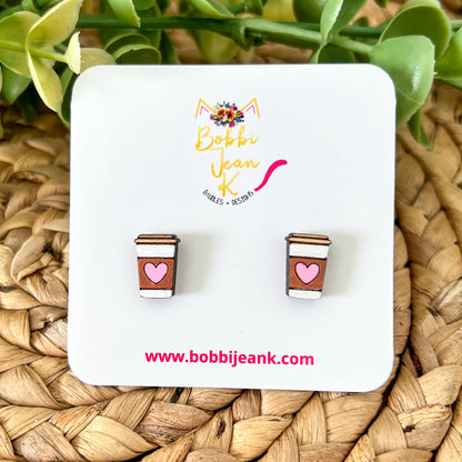 Hand Painted Heart Coffee Cup Wood Studs: Choose From 2 Colors