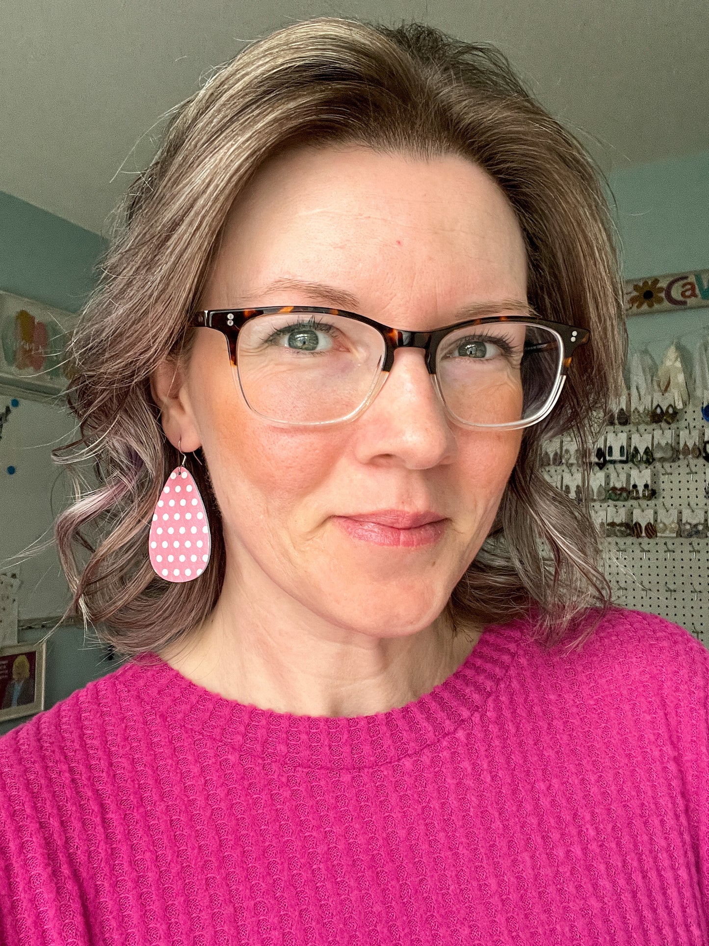 Pink & White Polka Dotted Rounded Teardrop Leather Earrings - LAST CHANCE