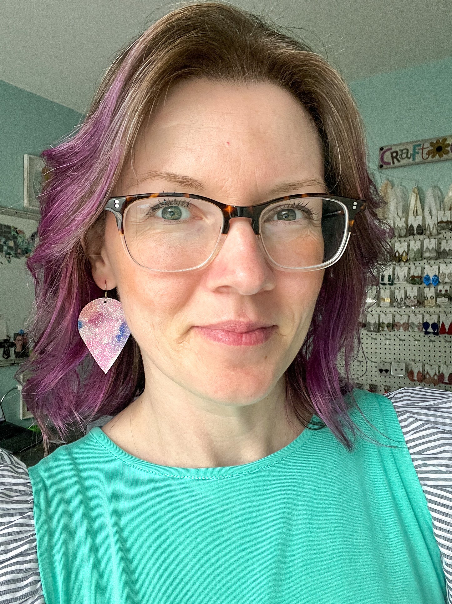 Infused Glitter Pink & Purple Inverted Teardrop Leather Earrings - LAST CHANCE