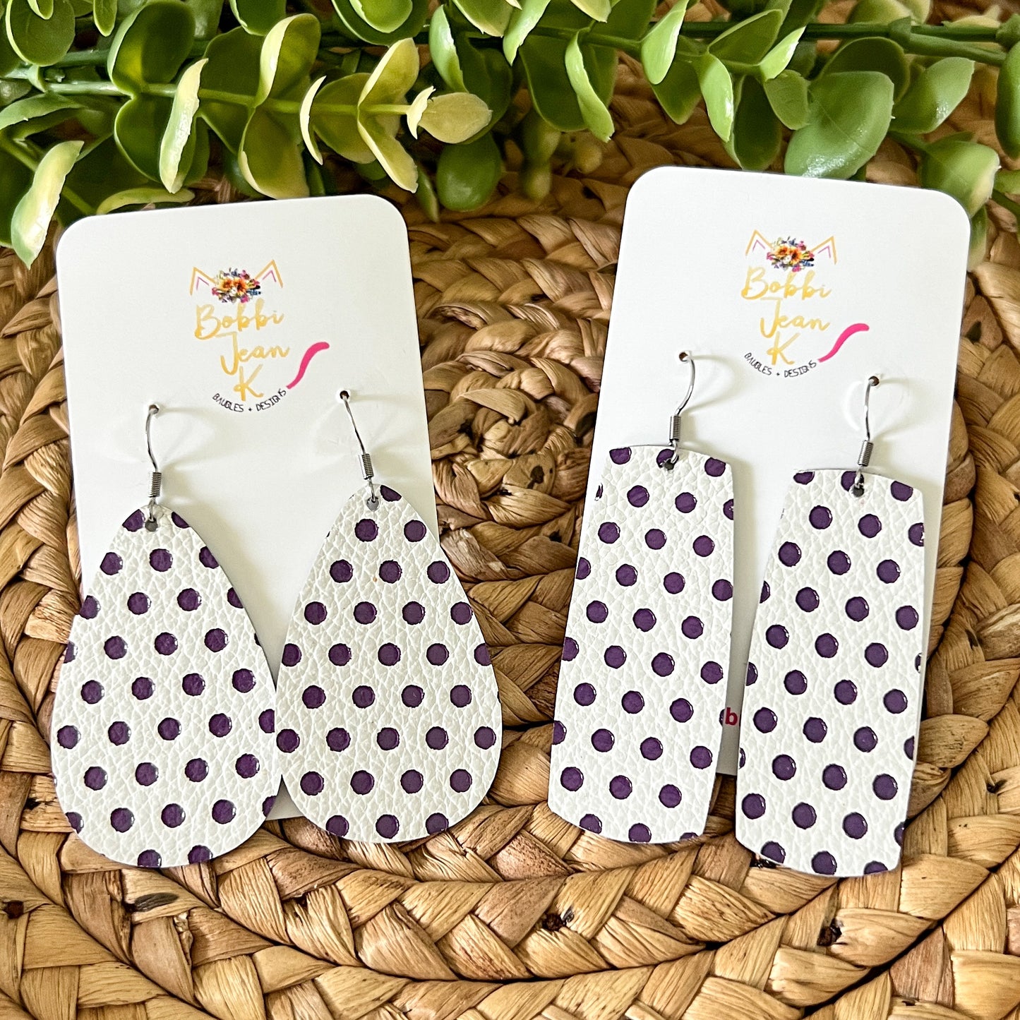 Purple Polka Dotted Embossed Leather Earrings: Choose From 2 Styles - LAST CHANCE