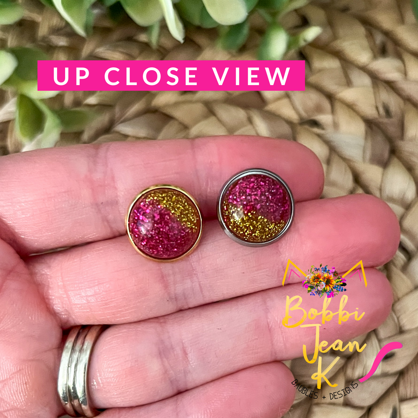Two-Toned Fuchsia & Gold Shimmer Studs 12mm: Choose Silver or Gold Settings