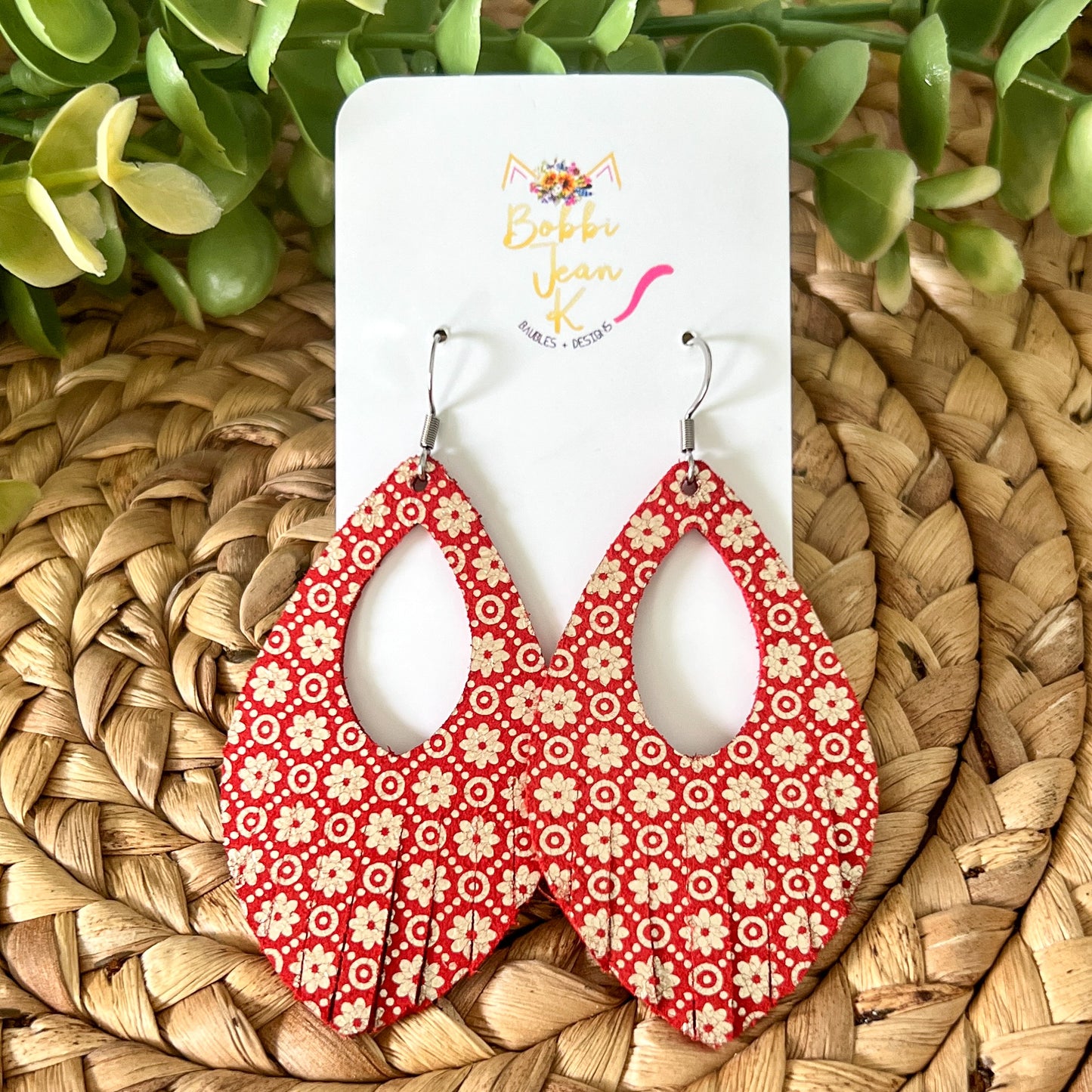 Red & Gold Filigree Fringe Petal Leather Earrings - ONLY ONE LEFT