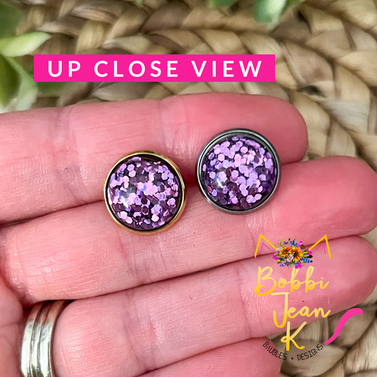 Purple Glitter Studs 12mm: Choose Silver or Gold Settings