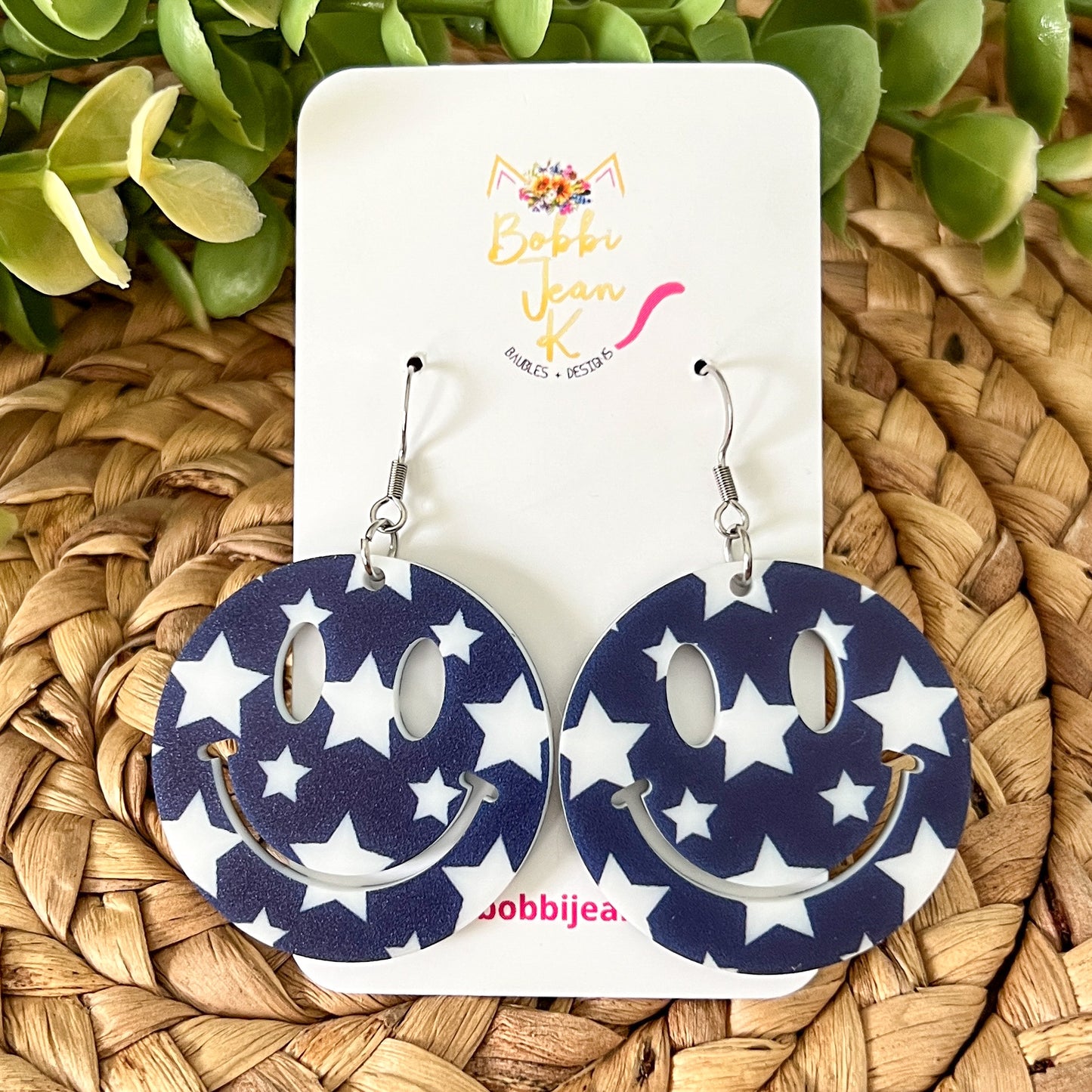 White Stars on Navy Acrylic Earrings: Choose From 3 Styles