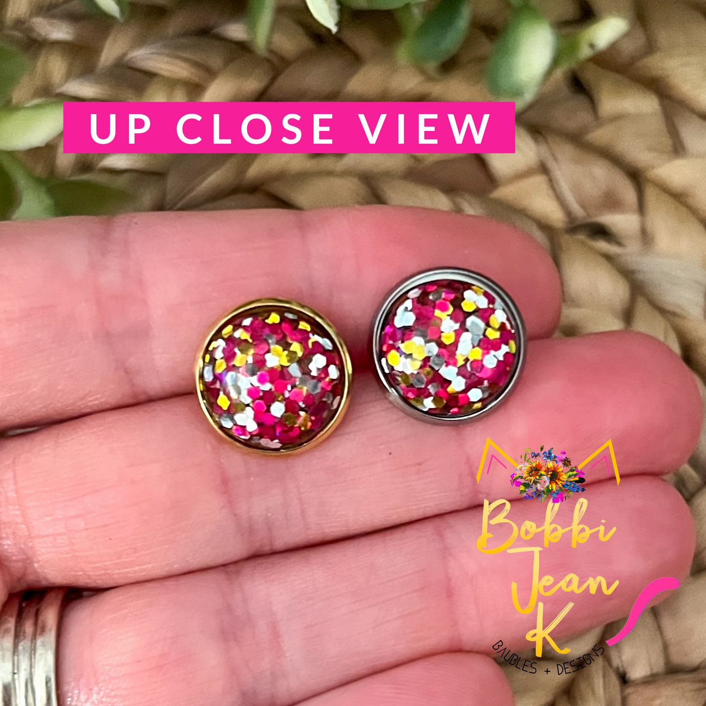 Pink & Red Multi Glitter Studs 12mm: Choose Silver or Gold Settings - LAST CHANCE