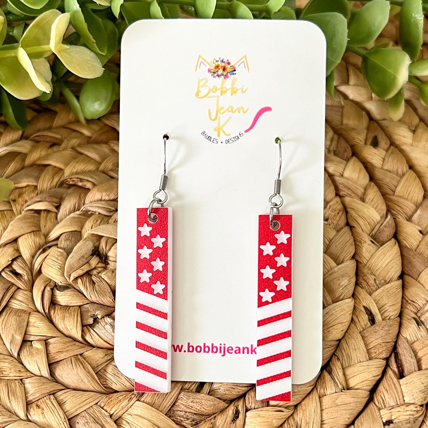 Red or Blue Engraved Patriotic Acrylic Bar Earrings: Choose From 4 Styles