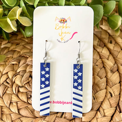 Red or Blue Engraved Patriotic Acrylic Bar Earrings: ONLY ONE BLUE STARS & STRIPES LEFT