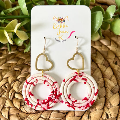 Red & Pink Terrazzo-Style with Brass Heart Clay Earrings: Choose From 2 Styles