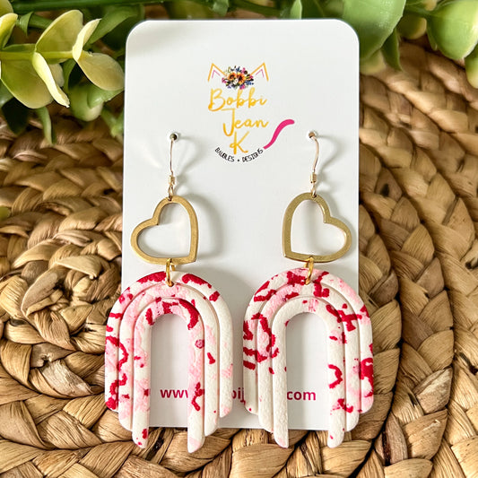 Red & Pink Terrazzo-Style with Brass Heart Clay Earrings: Choose From 2 Styles