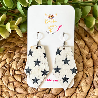 Black Stars on White Cork on Leather Earrings: Choose From 2 Sizes