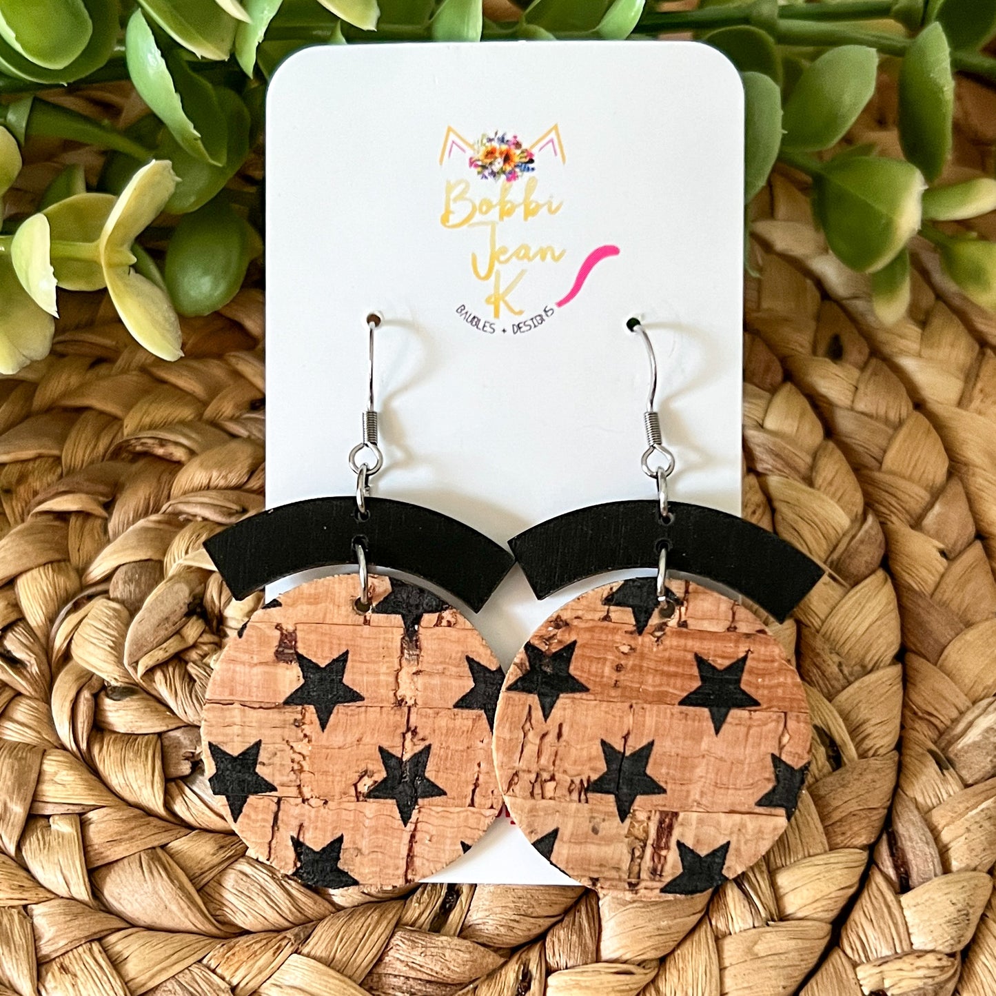 Black Stars on Natural or White Cork on Leather Circle Drop Earrings