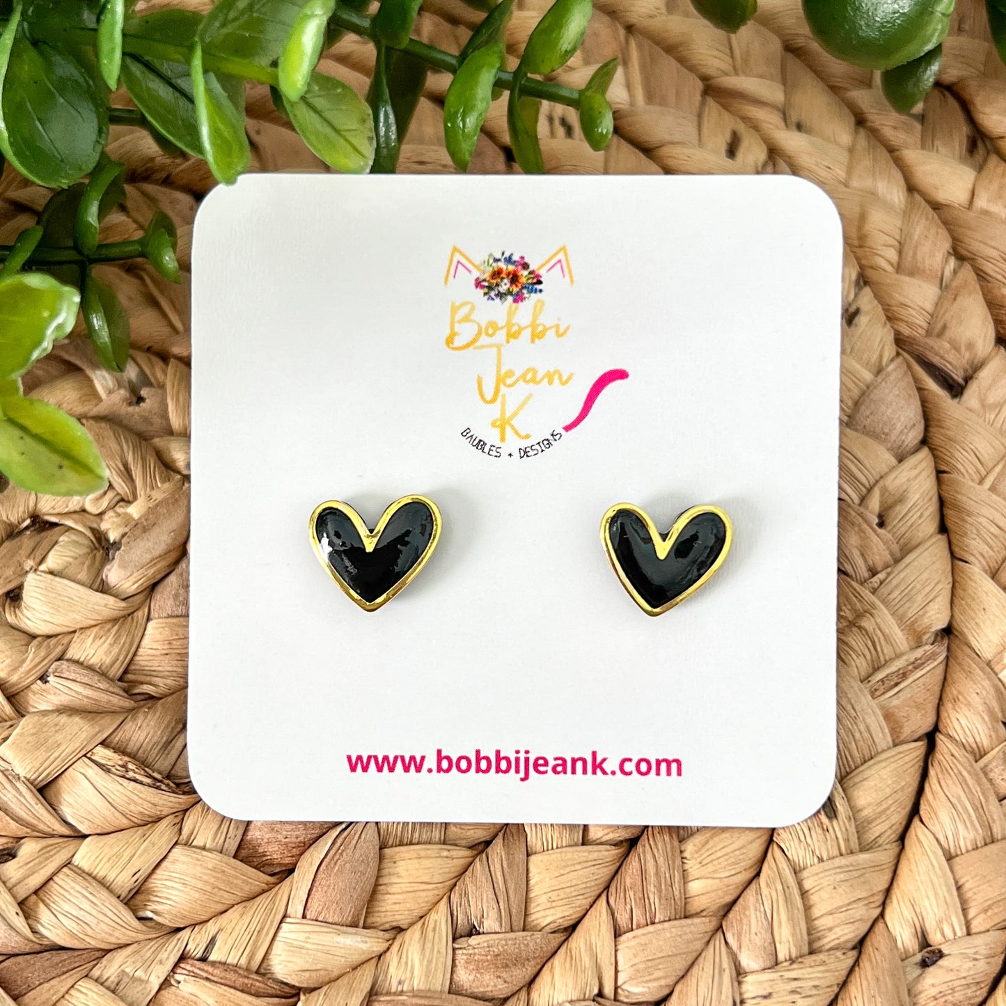 Black Rimmed Clay Heart Studs: Choose Silver or Gold Rim - LAST CHANCE