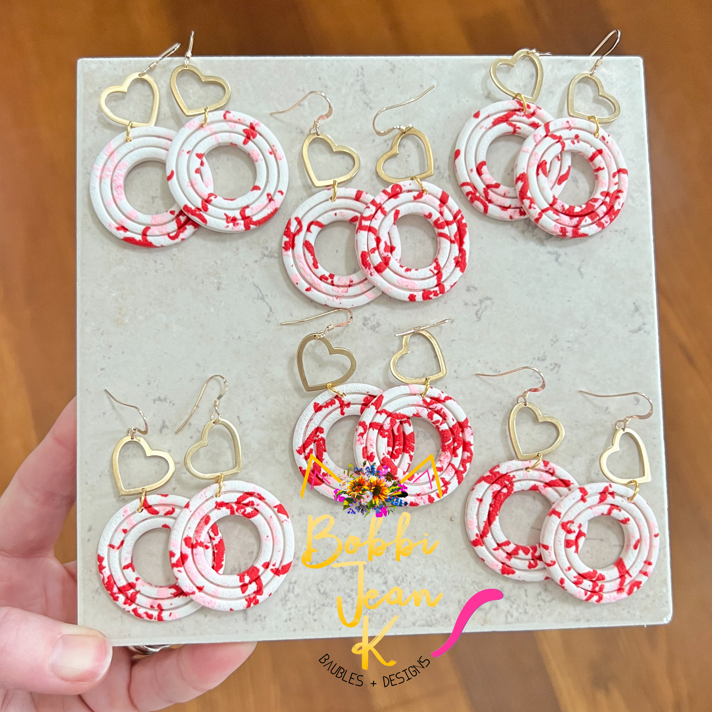 Red & Pink Terrazzo-Style with Brass Heart Clay Earrings: Choose From 2 Styles