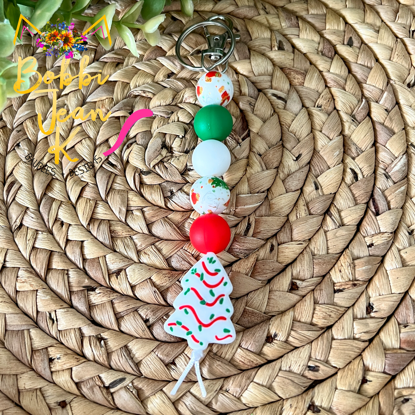 Christmas Tree Silicone Beaded Keychain/Bag Charm with White Bead