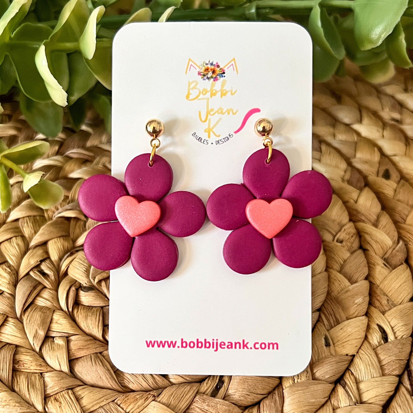 Plum Flower with Heart Center Clay Earrings: Choose From 2 Color Hearts