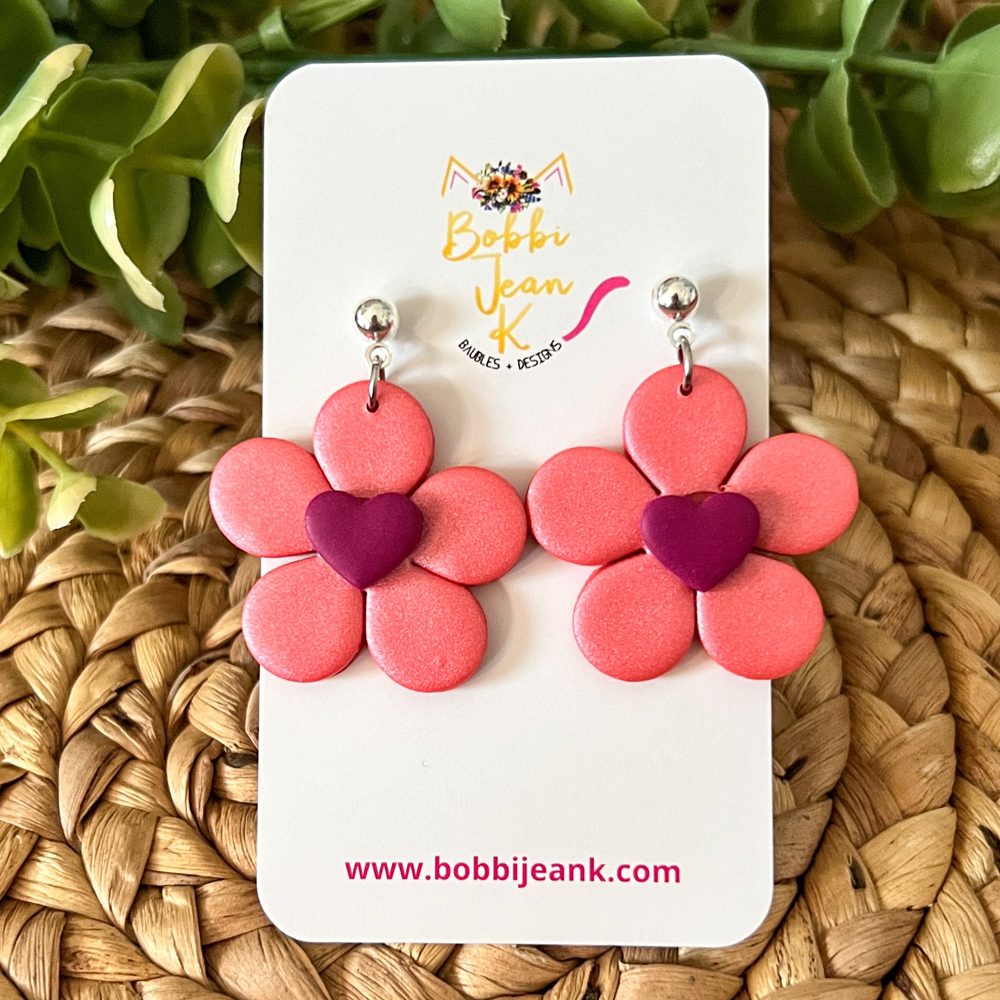 "Shimmer Sunset" Flower with Heart Center Clay Earrings: Choose From 2 Color Hearts