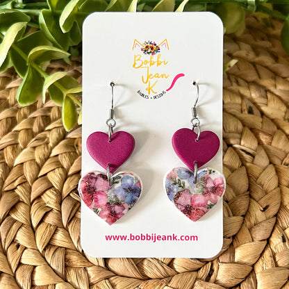 Floral Print Double Heart Clay Earrings: Choose From 2 Colors