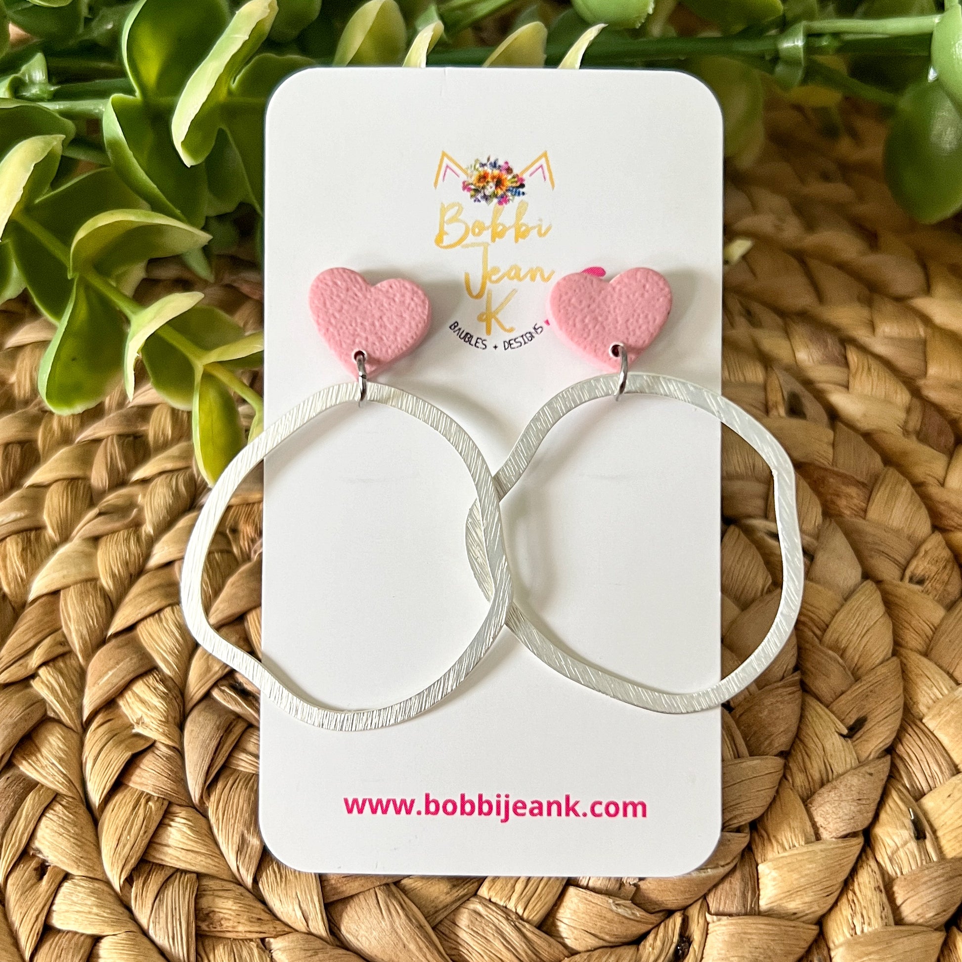 Textured Clay Pink Heart Circular Brass Dangles: Choose From Silver or Gold