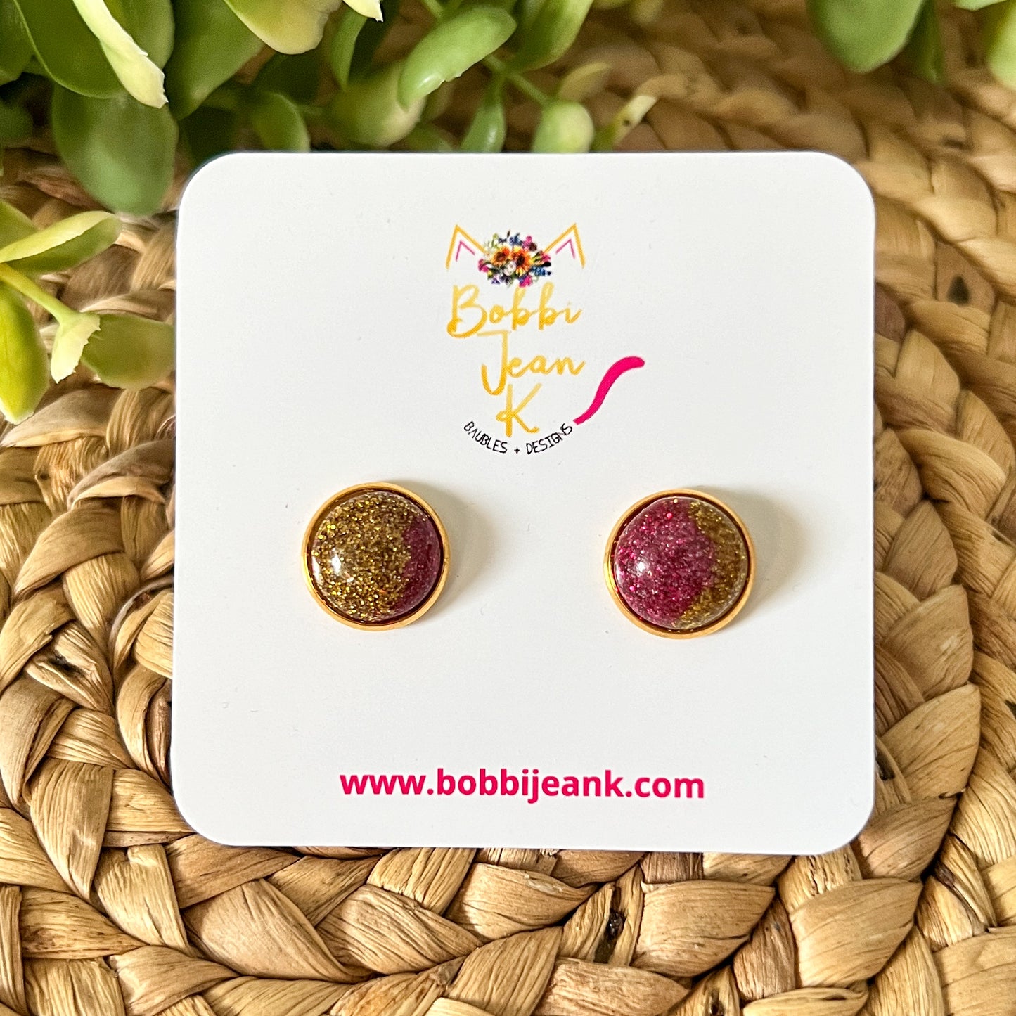 Two-Toned Fuchsia & Gold Shimmer Studs 12mm: Choose Silver or Gold Settings