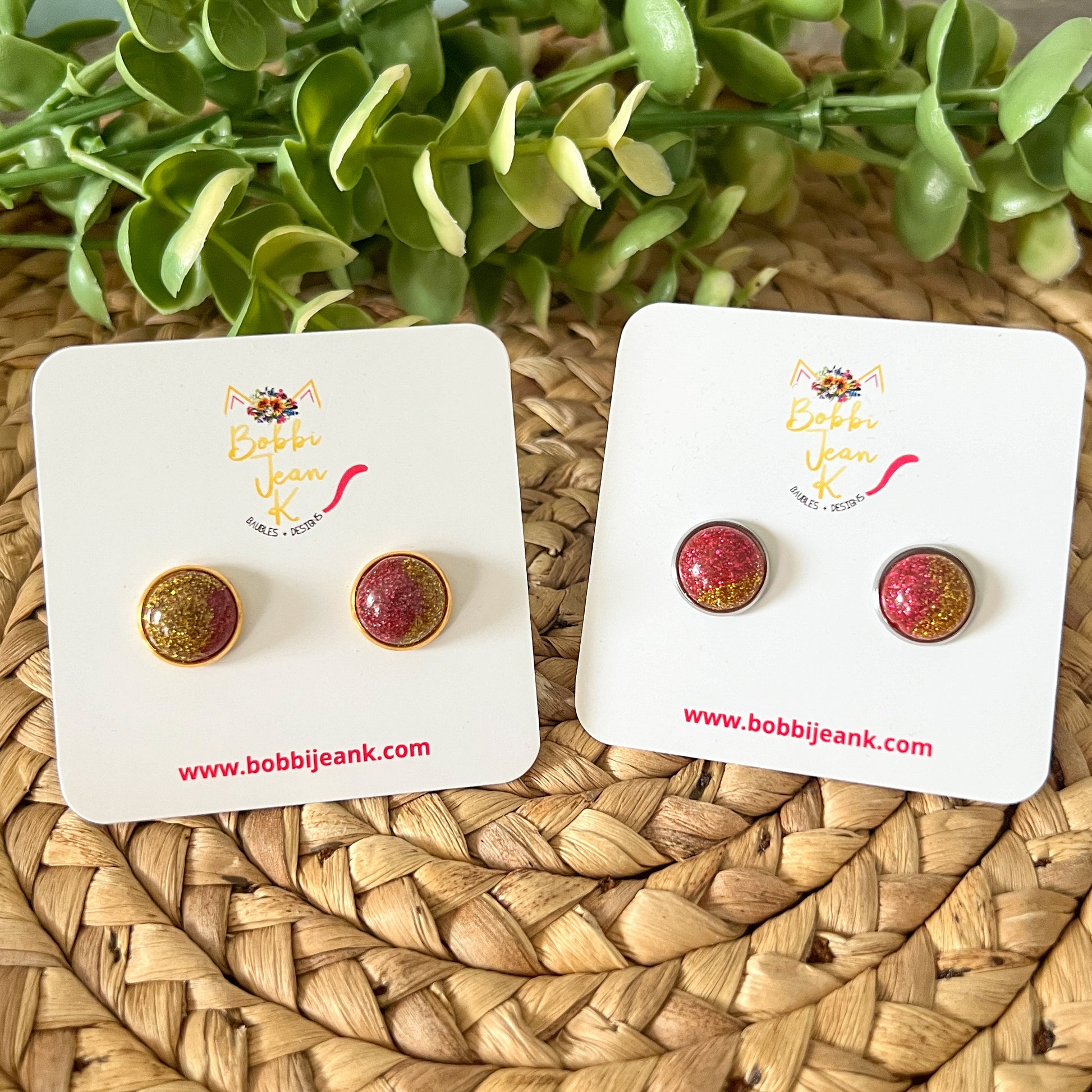 Two-Toned Fuchsia & Gold Shimmer Studs 12mm: Choose Silver or Gold Settings