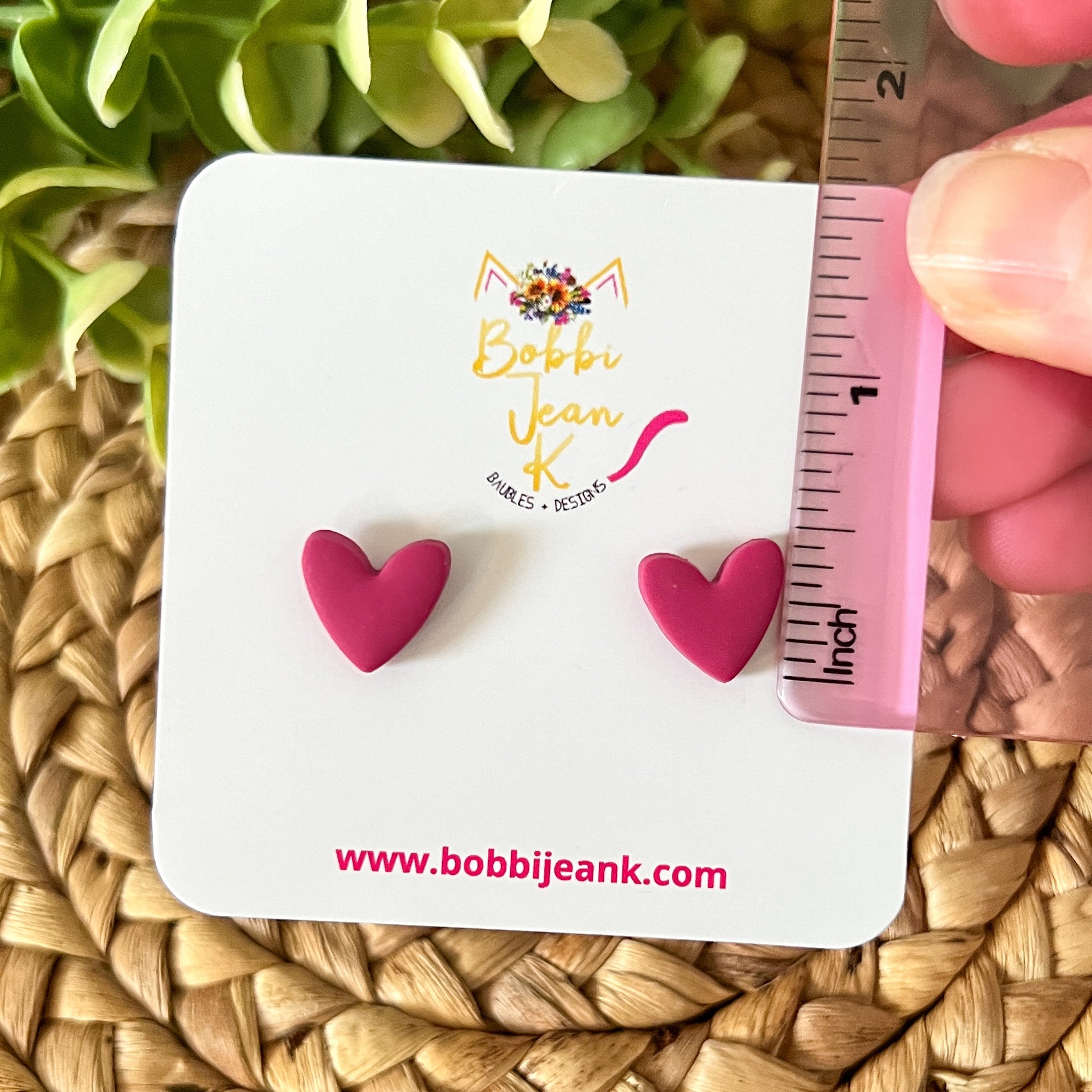 Magenta Clay Heart Studs: Choose 12mm or 8mm Size Options
