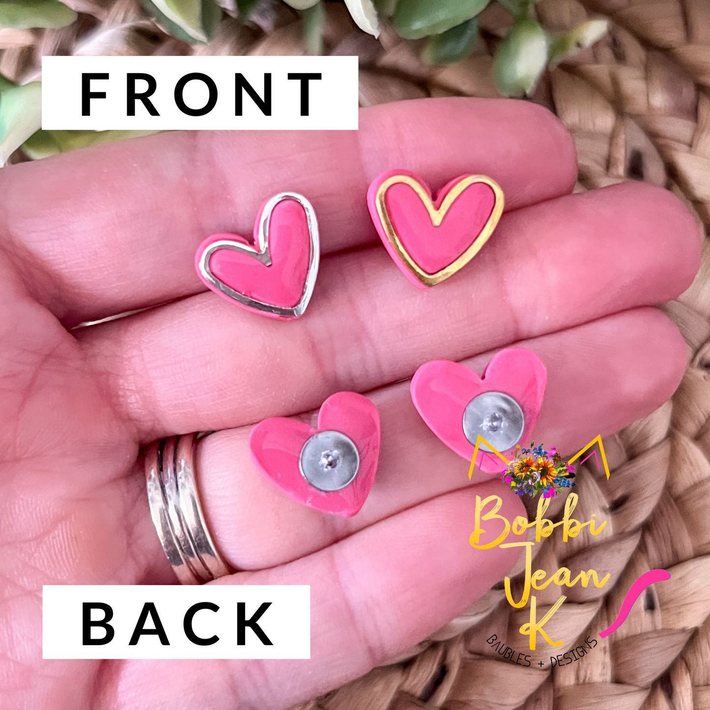 Pink Rimmed Clay Heart Studs: Choose Silver or Gold Rim - LAST CHANCE