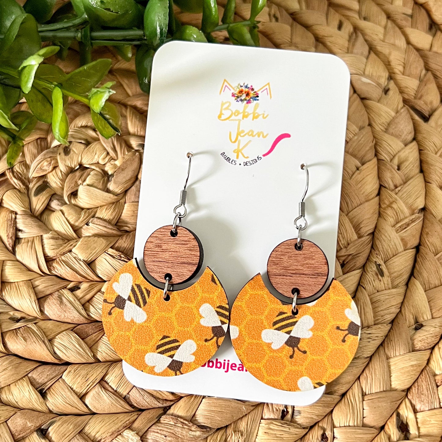 Bright Bee Patterned Wood Earrings: Choose From 2 Style Options