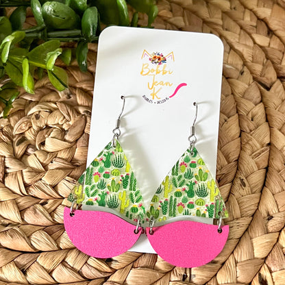 Cactus Print Wood & Acrylic Earrings: Choose From 3 Style Options