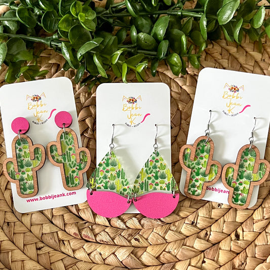 Cactus Print Wood & Acrylic Earrings: Choose From 3 Style Options