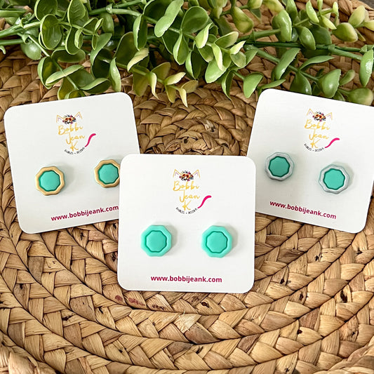 SALE: Mint Green "Piped" Octagon Clay Studs: Choose Solid, Silver, or Gold Rimmed - LAST CHANCE