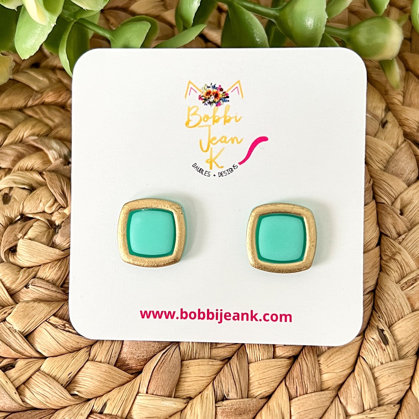 Mint Green "Piped" Square Clay Studs: Choose Solid, Silver, or Gold Rimmed - LAST CHANCE