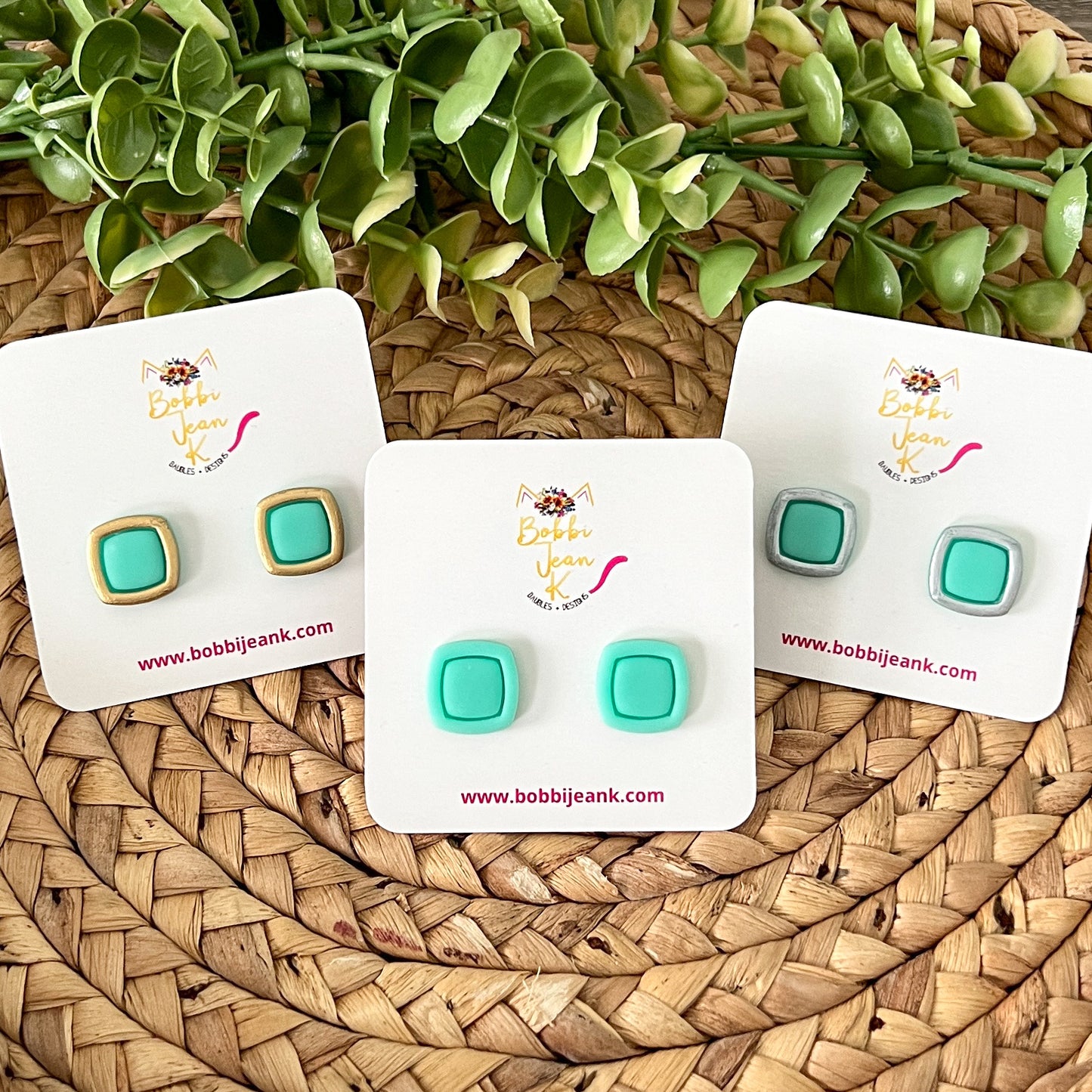 Mint Green "Piped" Square Clay Studs: Choose Solid, Silver, or Gold Rimmed - LAST CHANCE