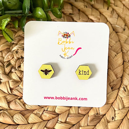 SALE: Bee Kind Wood Studs: Choose From 3 Wood Options - DESIGN BEING DISCONTINUED (Was $8)