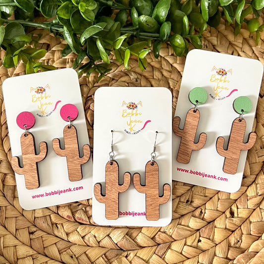 Sapele Wood Cactus Earrings: Choose From 3 Style Options