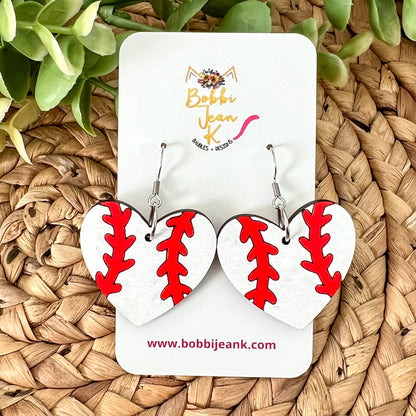 Baseball & Softball Wood Heart Earrings - Hand Painted