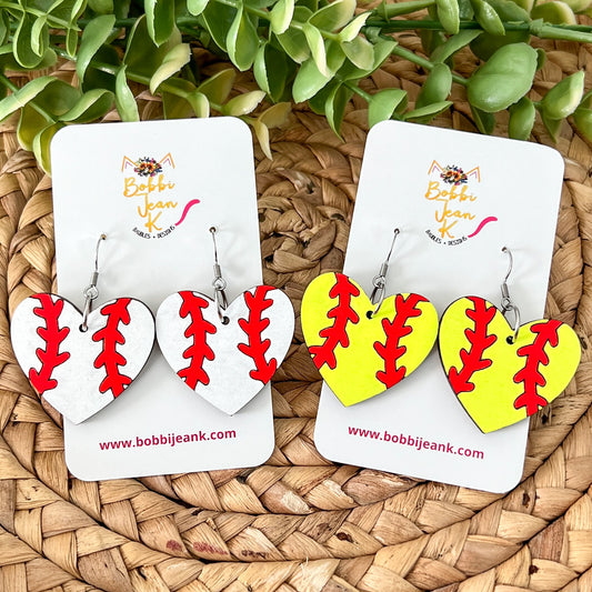 Baseball & Softball Wood Heart Earrings - Hand Painted