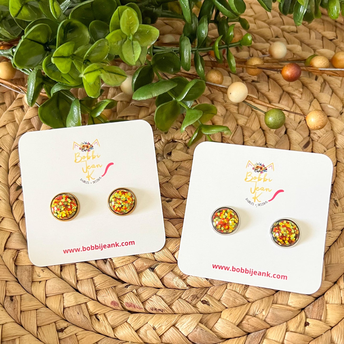 Autumn Sparkle Glitter Studs 12mm: OPEN ITEM TO CHOOSE SILVER OR GOLD SETTINGS