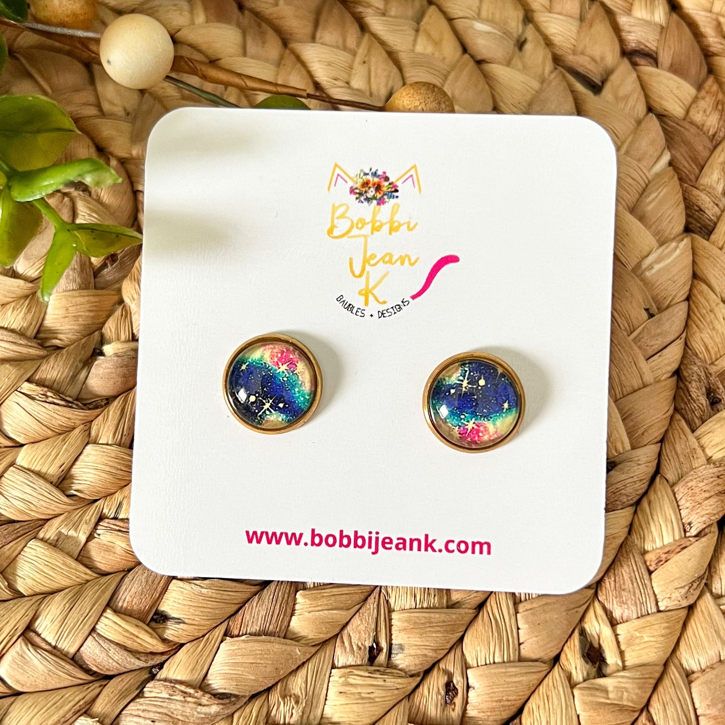 Galaxy Glass Studs 12mm: Choose Silver or Gold Settings