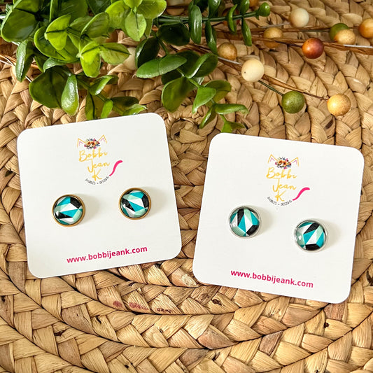 Abstract Blue & Green Glass Studs 12mm: Choose Silver or Gold Settings